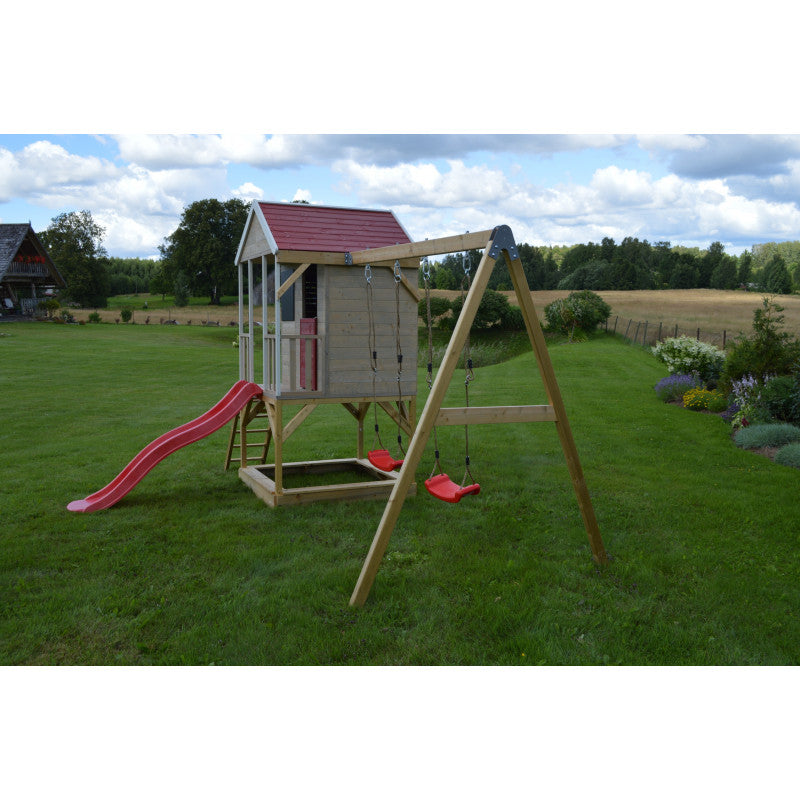 Casuta de gradina Summer Adventure House cu platforma cu loc pentru nisip, tobogan si leagan dublu (M29R), Wendi Toys